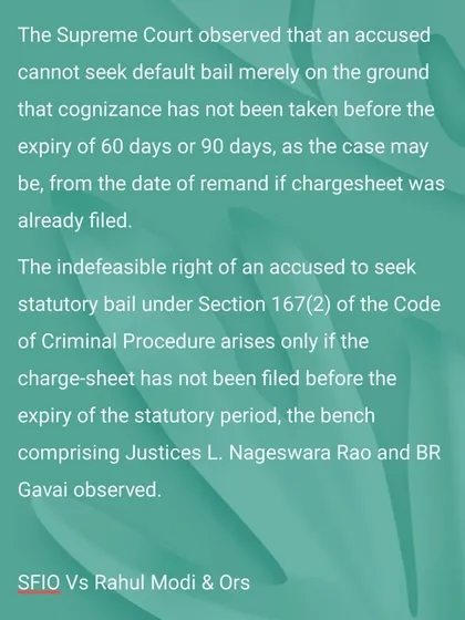 Understanding the nuances of bail law is critical. This Supreme Court observation clarifies the conditions for statutory or default bail under Section 167(2) Cr.P.C. My practice is built on such precise knowledge, ensuring that every legal remedy, including the indefeasible right to bail, is correctly and timely invoked.