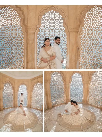 A beautiful series of photos of Suyash and Somya at Amer Fort, using the light from the jali windows to create dramatic and artistic portraits.