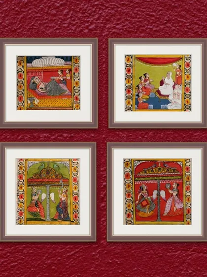 Four scenes from the 18th-century Jain narrative scroll, showing moments from the life of Queen Trishla. The detail and colour in these miniature paintings are exceptional.