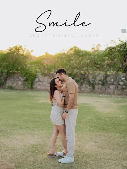 A sweet forehead kiss at sunset, with a "Smile" text overlay that captures the joy of the moment.