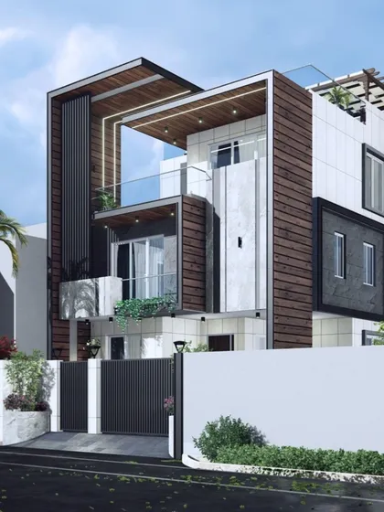 A different angle of the residential project in Muzaffarpur, showcasing the combination of wood-textured panels, grey cladding, and clean white surfaces. The design creates a balanced and modern aesthetic for this luxury bungalow.