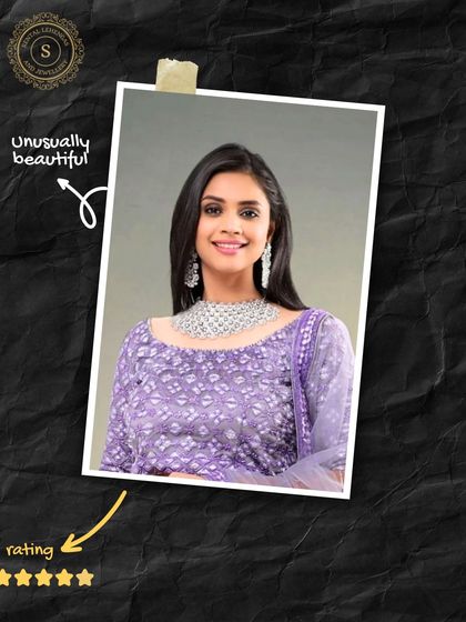 Our rental jewellery is perfect for making a statement. This model looks unusually beautiful in a delicate American Diamond necklace, ideal for an elegant and modern look.