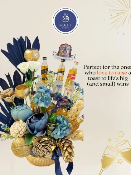 This luxurious hamper is for those who love to raise a toast to life's big and small wins. The arrangement of miniature liquor bottles and flowers makes for an extraordinary birthday gift.