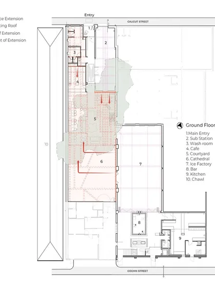 The ground floor plan for IF.BE, showing the new arrangement of spaces. The plan highlights the recovery of the central courtyard and the way the new roof structure extends and mutates to shelter the new programs while respecting the neighboring buildings.