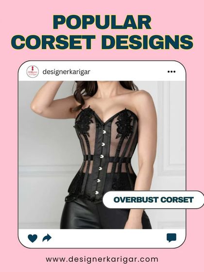 A black sheer overbust corset with floral applique. This design is worn as a top and is a popular choice for a bold, modern look.