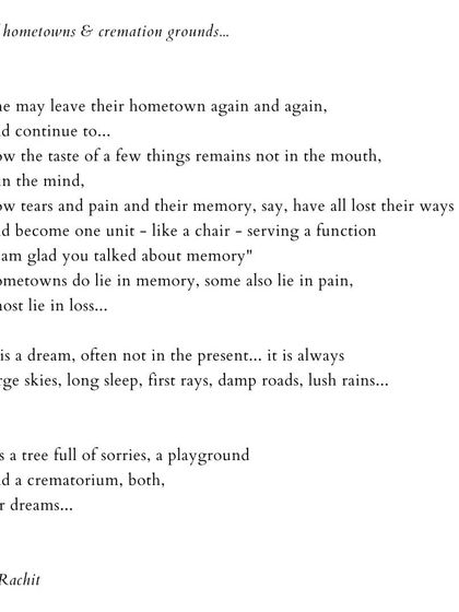 'of hometowns & cremation grounds...'. A poem about memory, loss, and the dreamlike nature of the places we come from.