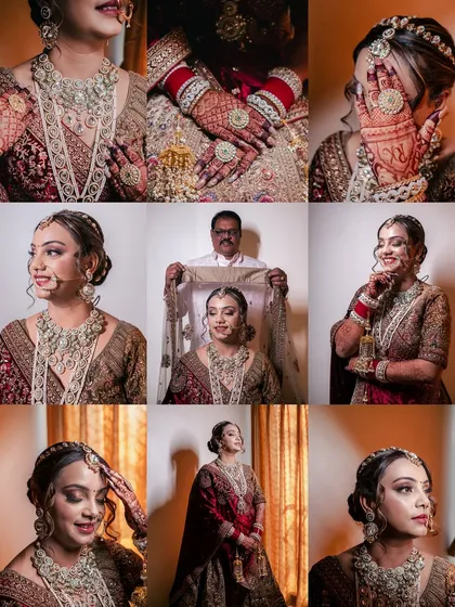 A comprehensive collage of the bride's getting-ready and portrait session, capturing her various moods and the fine details of her bridal look.