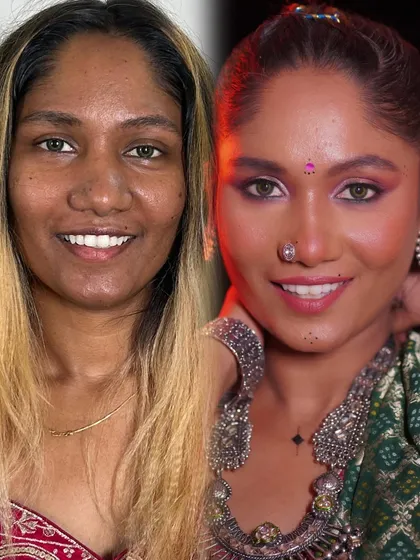 A stunning before-and-after of a Navratri look on a beautiful dusky model. The vibrant pink eyeshadow and glowing skin create a festive and joyful look.