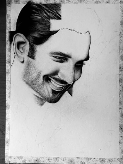 A gallery showing the creation of my tribute to Sushant Singh Rajput. Each image shows a different stage, from the initial sketch to the final emotional portrait.