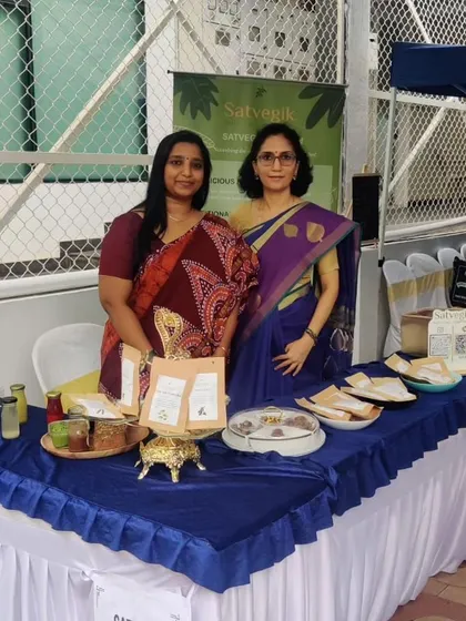 Here we are at the Swaasthe Santhe, an organic living market. I love connecting with our community, sharing our passion for satvic food, and offering samples of our latest creations.