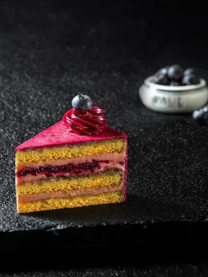 A clean, minimalist shot of a single slice of blueberry layered pastry against a dark, textured background, emphasizing its sharp layers and vibrant color.