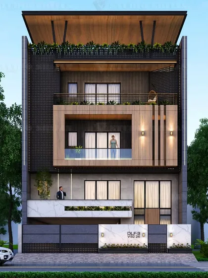 A modern facade for a 315 sq. yard plot in DLF, Gurgaon. The design uses a dark color palette with wood and marble accents, featuring a framed balcony and a rooftop pergola.