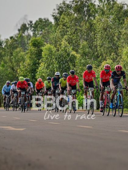 The peloton from behind, showing the long line of riders.
