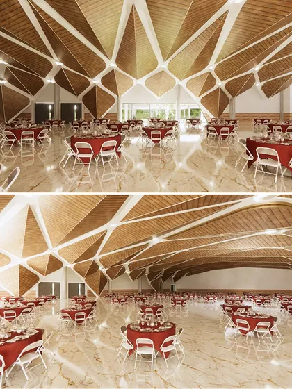 A visualization of the banquet hall for the mca pune project, exploring a complex, faceted ceiling structure to create a grand, column-free space…