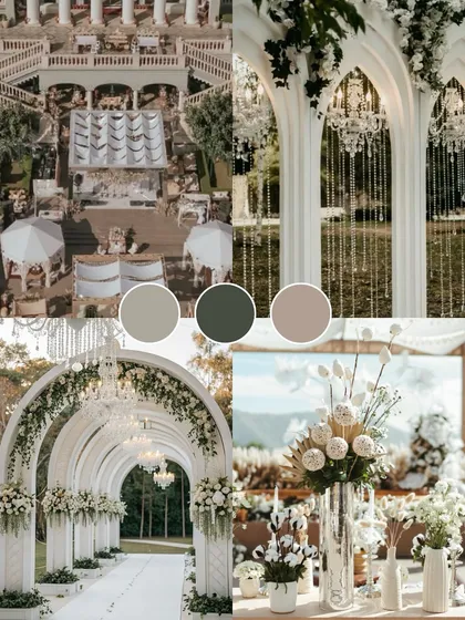 For a timeless and elegant look, I often suggest a neutral palette with white, beige, and green. This mood board illustrates how I use classic architectural elements and lush florals to create a sophisticated and dreamy wedding setting.