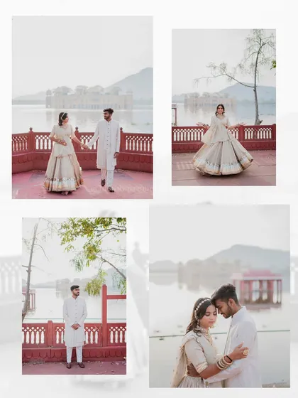 A collection of elegant photos of Shailesh and Rachita at Jal Mahal, dressed in coordinated white outfits that give the images a serene and timeless feel.