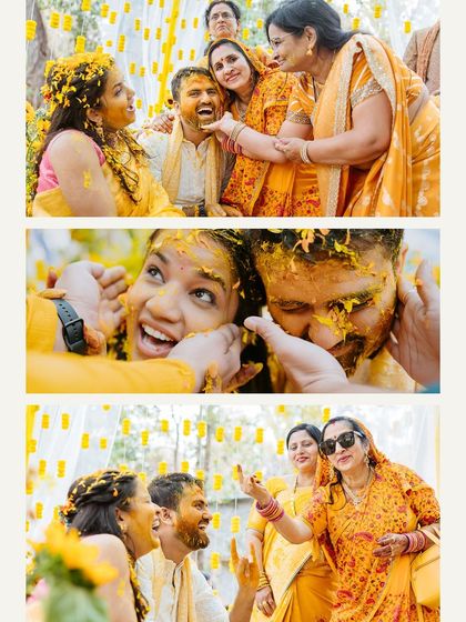 A collage of family moments, showing mothers and relatives lovingly applying haldi to the happy couple.