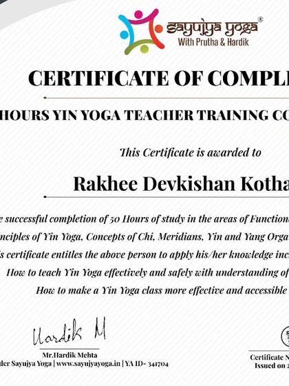 A certificate for a graduate of our 50-hour Yin Yoga TTC, now equipped to teach this healing practice.