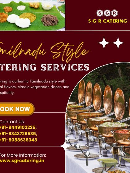 Our catering is authentic Tamil Nadu style with traditional flavors and classic vegetarian dishes. This collage shows both a traditional banana leaf meal and a modern buffet setup, demonstrating our flexible service options.