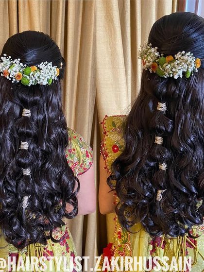 A dual-angle view of the unique Mehendi hairstyle, showing all its intricate details.
