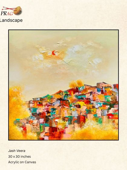 The vibrant, abstract landscape by Jash Veera is contained within a simple black frame, which makes the bright colors of the hillside pop. This is a classic choice for contemporary works.