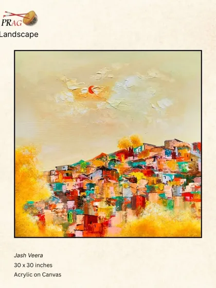 An abstract landscape by Jash Veera, depicting a colorful hillside village with expressive, textured strokes.