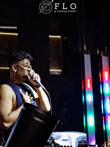On the mic at Flo, Bangalore, getting ready to hype the crowd. I am always communicating and connecting with the audience.