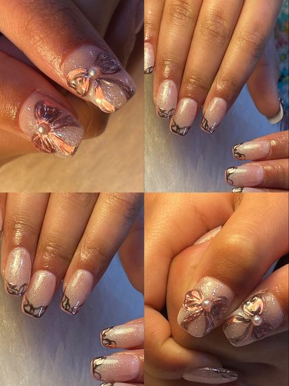 This collage highlights some of our favorite creations, focusing on 3D bow art. We use chrome and metallic finishes to create bows that pop, pairing them with glitter bases and chrome French tips for a glamorous effect.