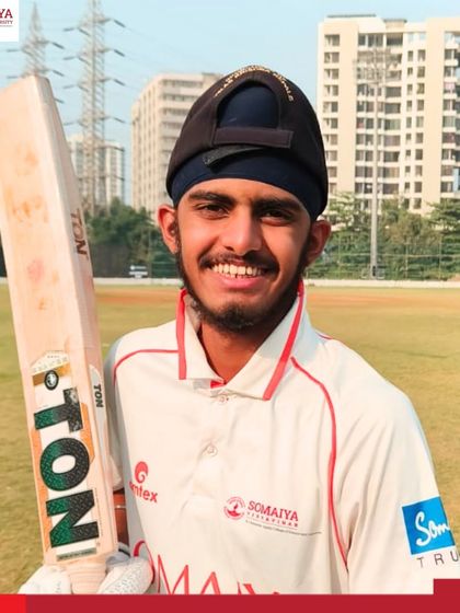 Yuvraj Singh, one of our star batsmen from K J Somaiya College of Science and Commerce, poses with his bat after scoring a century (131 runs) in a massive 404-run victory.