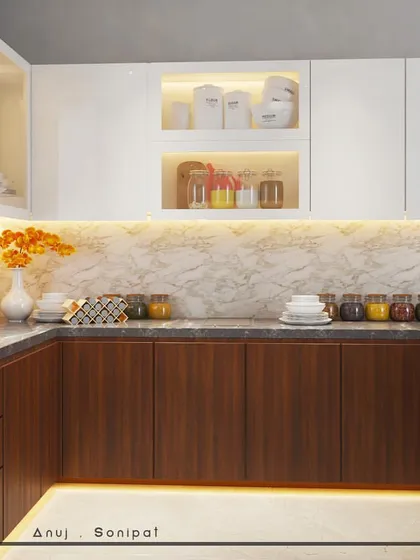 A closer look at the wood and white kitchen concept, highlighting the display niches with internal lighting and the seamless integration of the chimney hood.