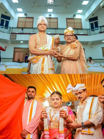 A collage showing two key moments from a South Indian wedding ceremony. The top frame captures a ritual with the priest, while the bottom shows the bride during the 'antarapata' ceremony, where a cloth separates the couple before they first see each other.