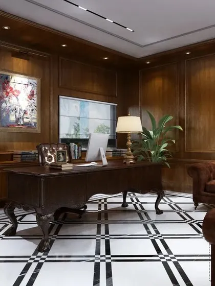 The executive director's cabin at the Mahalakshmi Logistics office in Palwal. This space features classic wood wall paneling, a statement black and white marble floor, and traditional furniture to project an image of authority and timeless elegance.