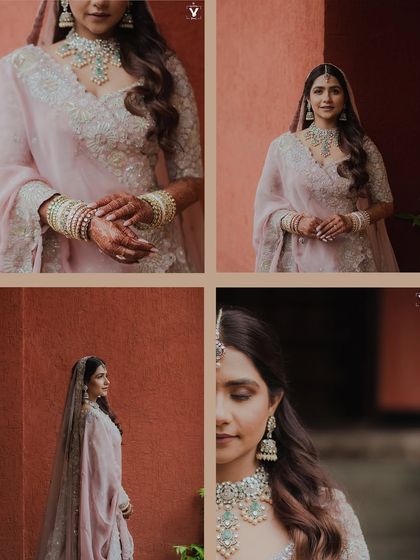 A collage of bridal portraits in a soft pink lehenga. The images showcase her elegant look from different angles, highlighting the delicate embroidery and her serene beauty.