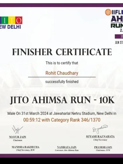 I practice what I preach. Here is my finisher certificate from the JITO Ahimsa 10k Run, where I finished in under an hour. When I create a 10k race preparation plan for you, it's based on real experience and proven methods.