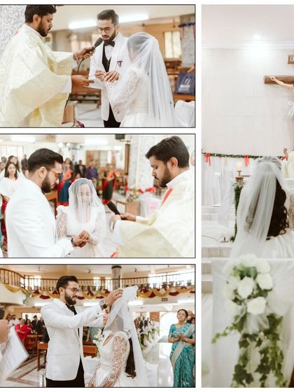 A collage of the key moments of the ceremony: the exchange of rings, the blessing, and the lifting of the veil. These are the sacred traditions that we ensure are beautifully framed by our decor.