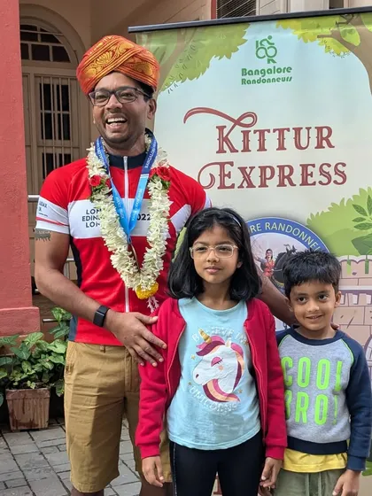 The joy of finishing a 1000km brevet is a family affair. A proud finisher of the Kittur Express 1000K celebrates his monumental achievement with his children at the finish line.