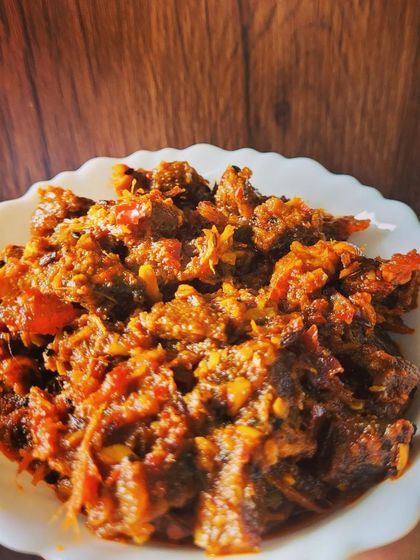 This is my homemade buff pickle, served and ready to be enjoyed. It's a non-veg pickle that carries the authentic taste of North-East India.