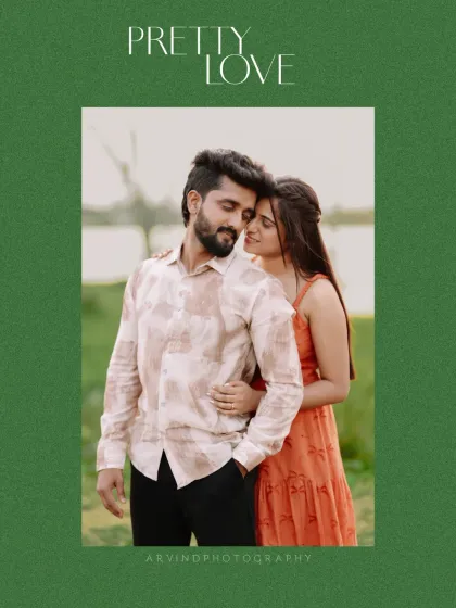 A tender pre-wedding portrait of a couple in a green field, framed with text that reads 'Pretty Love'.