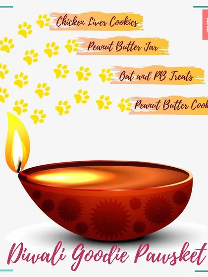 Here's what makes our Diwali Goodie Pawsket so special. It's a handpicked selection of treats including Chicken Liver Cookies, Peanut Butter Cookies, and our signature Peanut Butter Jar.