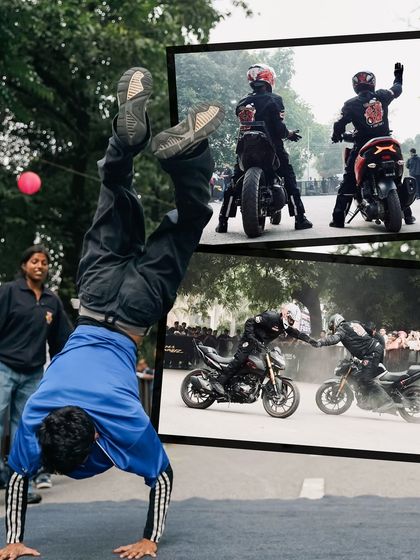 The intersection of street culture and motorcycling. A b-boy performs a handstand while professional riders showcase their skills in the background during our Hero campus activation, creating a dynamic and visually engaging experience.