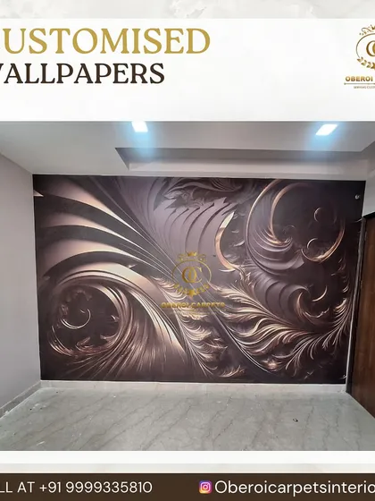 This custom wallpaper features a dramatic, swirling 3D abstract design in bronze and black, creating a powerful and artistic statement wall.