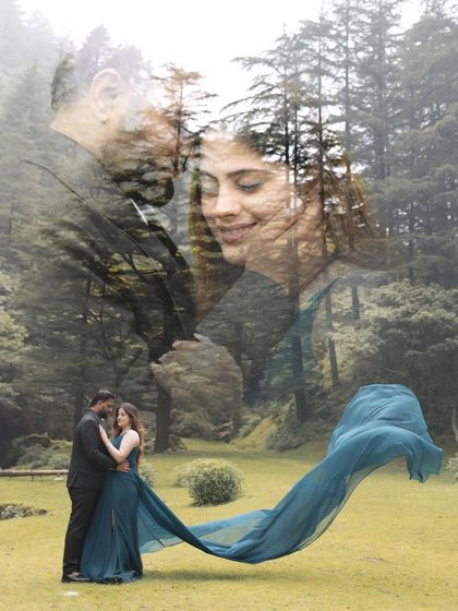 A beautiful and artistic double-exposure portrait from a forest pre-wedding shoot. The bride's face is gently overlaid on a romantic shot of the couple, with her flowing gown adding a touch of magic.