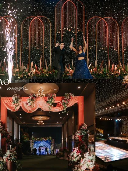 A "Boho Magic" Sangeet theme with pampas grass, warm lighting, and a starry night backdrop.