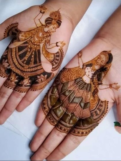 A beautiful depiction of Radha and Krishna, each figure drawn on a separate palm to create a complete, divine scene when the hands are brought together.