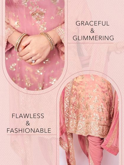 Details matter. This shot highlights the delicate gold embroidery and sequin work on the sleeve and dupatta of a pink ethnic suit, along with perfectly matched bangles.