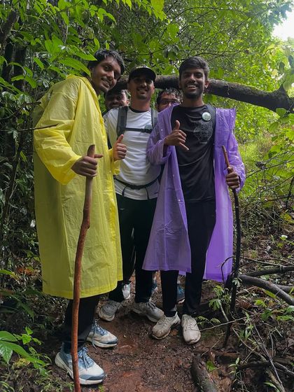 Our group, geared up in ponchos, ready to tackle the forest trails of Kudremukha. A little rain never stops our spirit of adventure.
