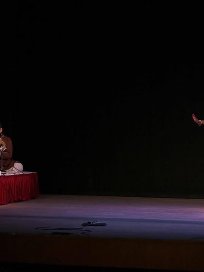 A wide view of the stage during a solo recital, with the live orchestra providing the soul-stirring Carnatic music. The interplay between the mridangam, violin, vocals, and my ghungroos creates a truly complete and immersive experience.
