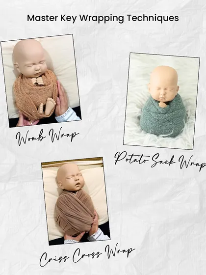 My online webinar covers several key wrapping styles essential for any newborn photographer. You will learn the Womb Wrap, the Potato Sack Wrap, and the Criss Cross Wrap, with detailed, step-by-step instructions.