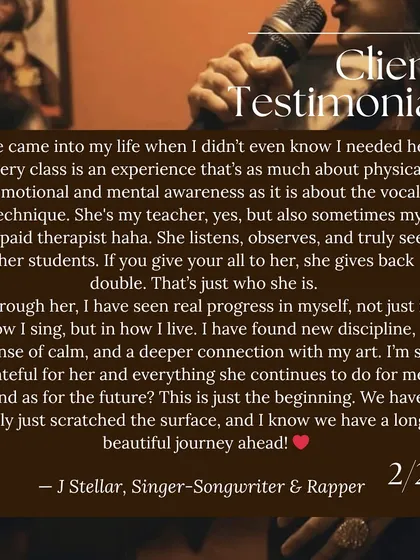 This two-part testimonial from J Stellar shows the deep connection I build with my students. We work on physical, emotional, and mental awareness to unlock not just your voice, but your artistry.