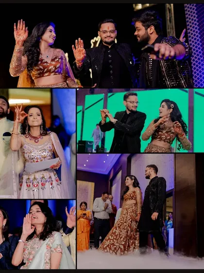 This collage captures the full party atmosphere of Neha and Vivek's Sangeet. It shows the couple dancing, friends cheering, and family members joining in the celebration.